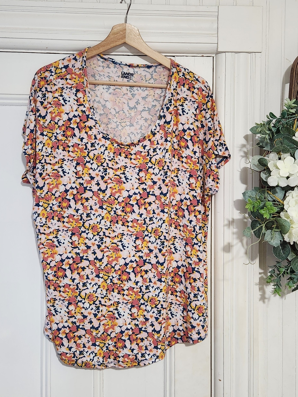 Lands' End Floral Scoop Neck Short Sleeve Tee in Pink and Yellow